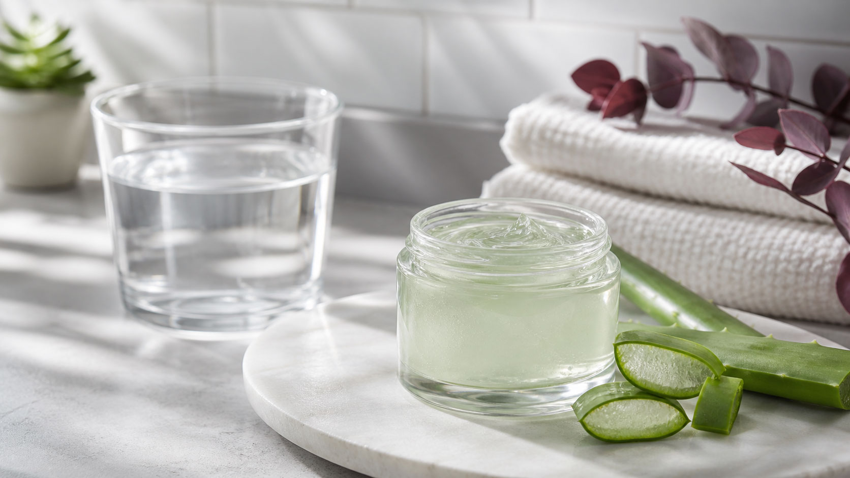 After-Sun-Pflege mit Aloe Vera Gel und Wasser zur Hautberuhigung