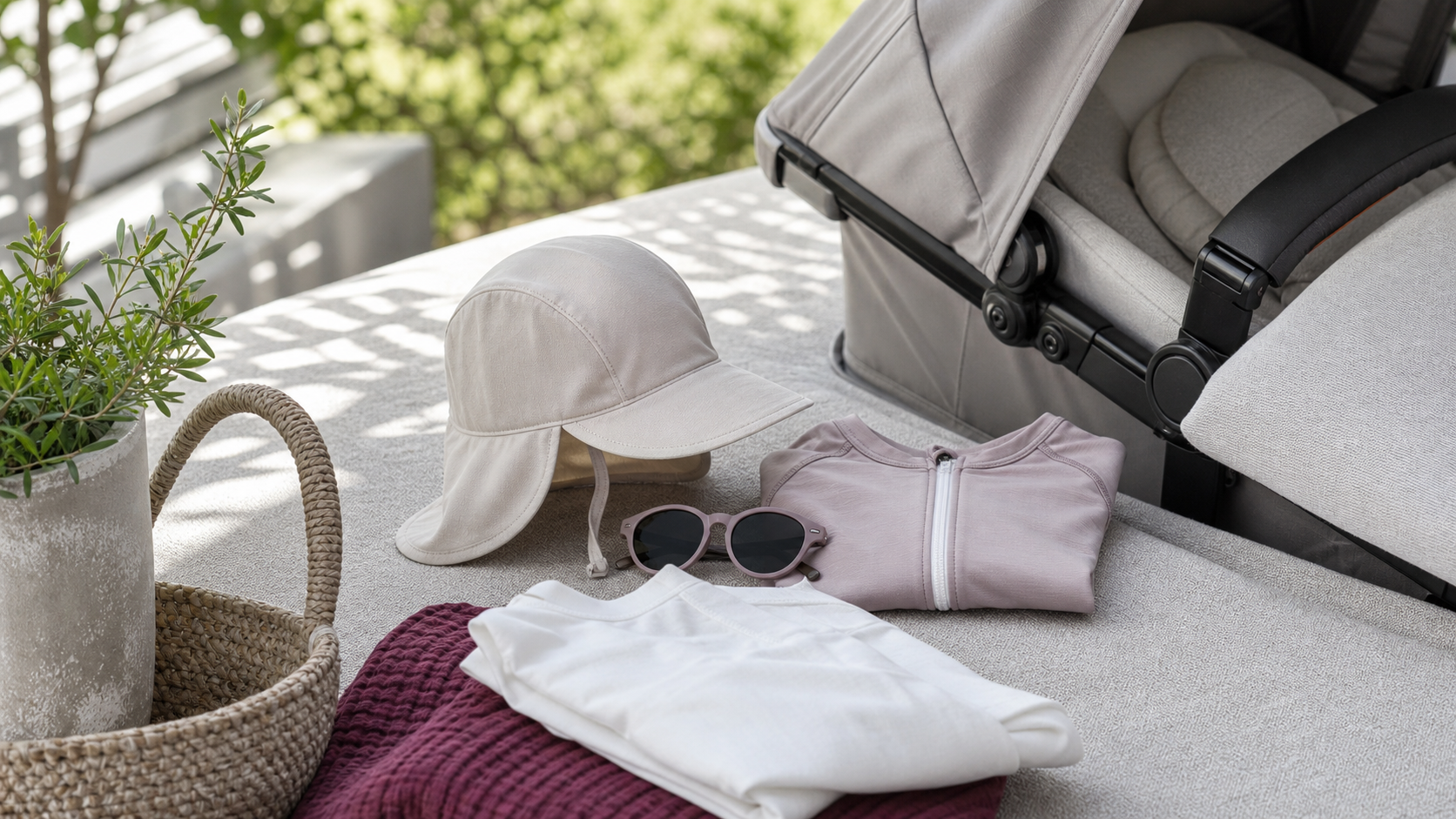 Textiler Sonnenschutz für Kinder mit Sonnenhut, Kleidung, Sonnenbrille und Kinderwagen im Schatten