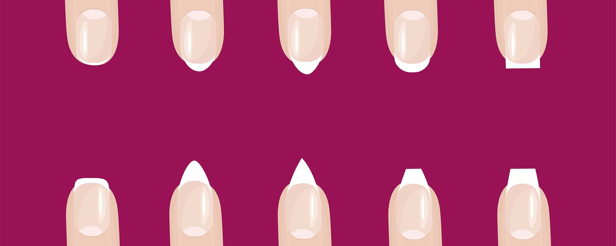 es werden die verschiedenen Fingernagelformen für eine maniküre gezeigt. von links nnch rechts: natürlich, oval, rund, eckig, abgerundete ecken, mandelförmig, spitz, ballerinaform,